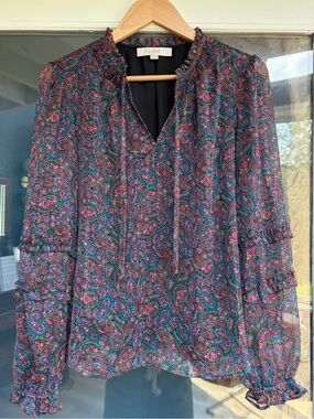 LOFT Paisley Shimmer Blouse Ruffle Tie Neck Sheer Sleeve Boho M